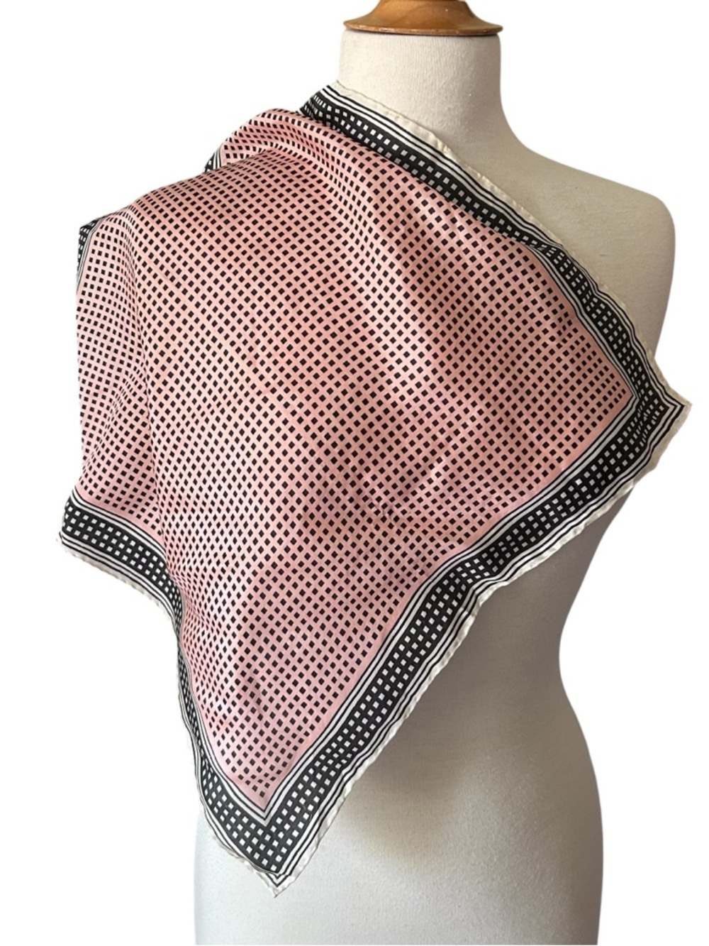 Vintage Pink and Black Geometric Silk Square Hand Rolled Scarf